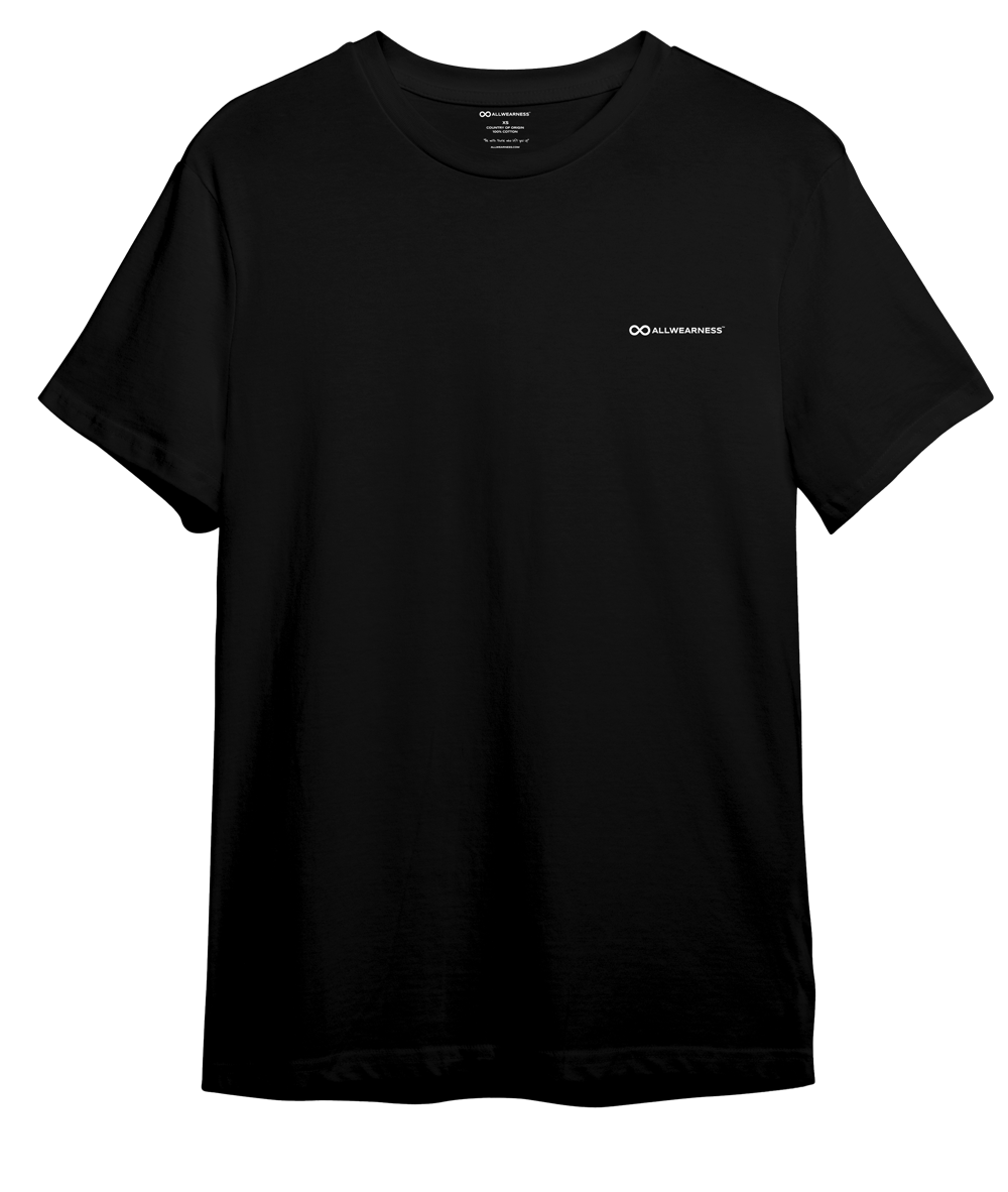 White Logo Spine Allwearness Black Short-Sleeve Tee | Front